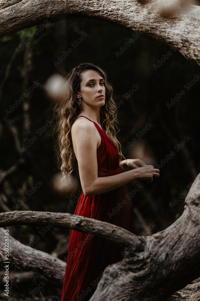 Chica joven con vestido rojo en zona boscosa y castillo medieval posando Chica joven con vestido rojo en zona boscosa y castillo medieval posando