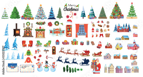 Big christmas set of elements for design. Set with fireplace, chairs, Christmas tree, holiday table with food, gifts, garlands.Vector  cartoon illustration.