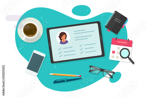 Resume cv writing online vector concept or professional personnel applicant profile assessment evaluation review office flat graphic illustration, employee business career personal candidate audit
