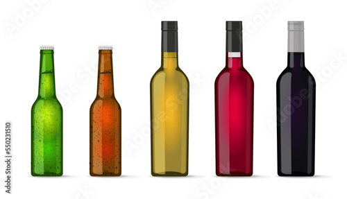 Wine white red rose bottles glass vector mock up blank transparent mockup isolated on white background 3d graphic illustration, green brown empty craft beer cold bottles alcohol beverages set clipart