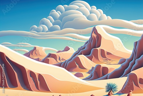 Desert valley landscape covered in snow, towering sandstone rock formation cliffs, distant mountains and cold winter clouds - generative AI. © SoulMyst