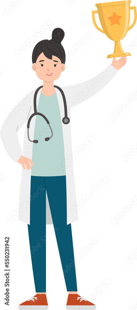 Paramedic or doctor or nurse woman raising hand with trophy and champion Paramedic or doctor or nurse woman raising hand with trophy and champion