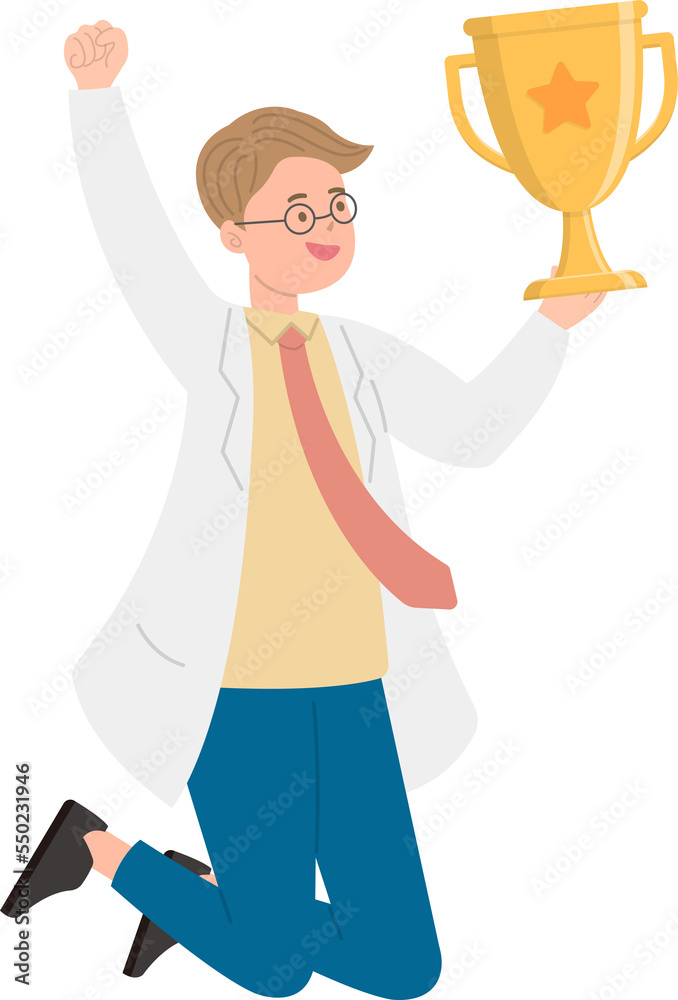 Paramedic or doctor or nurse man happy jumping with hands up with trophy and championship