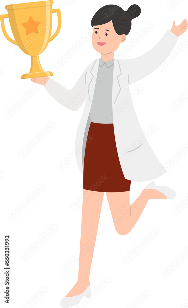 Paramedic or doctor or nurse woman in physician gown happy jumping with hands up with trophy and championship Paramedic or doctor or nurse woman in physician gown happy jumping with hands up with trophy and championship