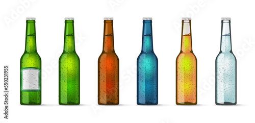 Beer bottles glass vector set blank empty mockup package template 3d or lemonade soda water drink beverage cold fresh green brown yellow blue transparent isolated on white illustration realistic image