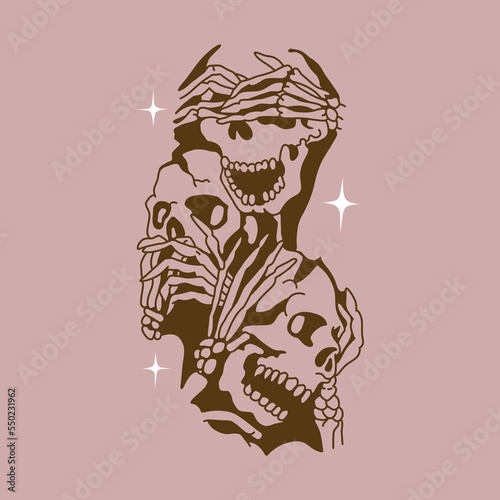heard nothing,saw nothing,said nothing.decorative image of the three skulls.vector illustration.stylization in vintage style.modern design for t shirt,poster,sticker,tattoo,greeting card,etc