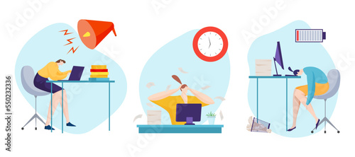 Business hard work psychological exhaustion, mental disorder employee stress concept set flat vector illustration, isolated on white.