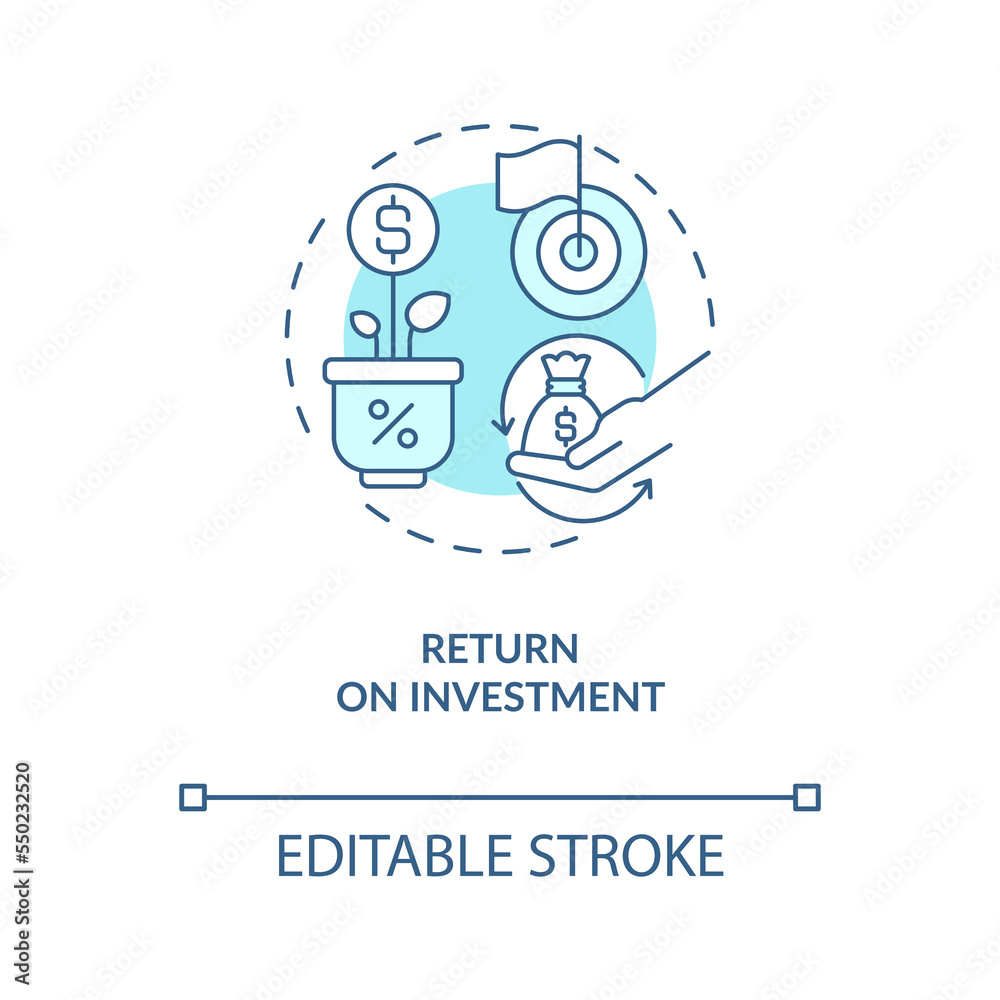 Return on investment concept turquoise icon. Profitable business deal abstract idea thin line illustration. Isolated outline drawing. Editable stroke. Arial, Myriad Pro-Bold fonts used