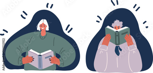 Cartoon vector illustration of Collection of people reading or students studying and preparing for examination. Man and woman reading concept.