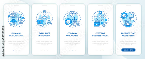Engage investors to startup blue onboarding mobile app screen. Walkthrough 5 steps editable graphic instructions with linear concepts. UI, UX, GUI template. Myriad Pro-Bold, Regular fonts used