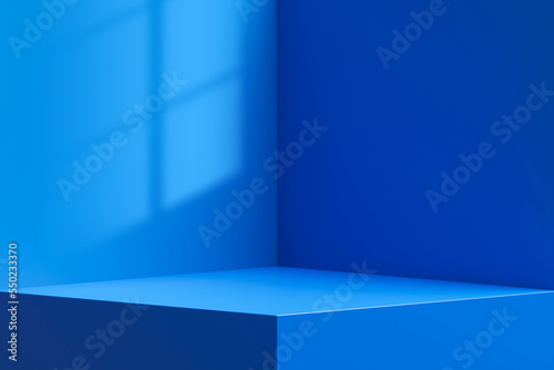 Interior corner wall room blue 3d background of abstract window light stage scene or empty product studio showroom display and blank presentation podium pedestal platform perspective table backdrop.