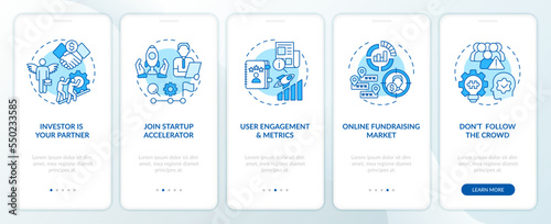 Ways to encourage angel investors blue onboarding mobile app screen. Walkthrough 5 steps editable graphic instructions with linear concepts. UI, UX, GUI template. Myriad Pro-Bold, Regular fonts used