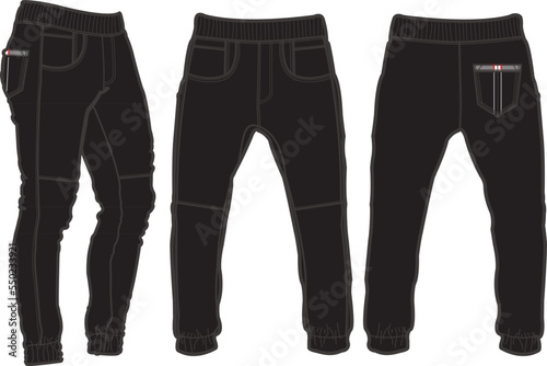 Chino Joggers Pant Front and Back View. Fashion Illustration, Vector, CAD, Technical Drawing, Flat Drawing.