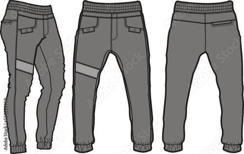 Chino Joggers Pant Front and Back View. Fashion Illustration, Vector, CAD, Technical Drawing, Flat Drawing.