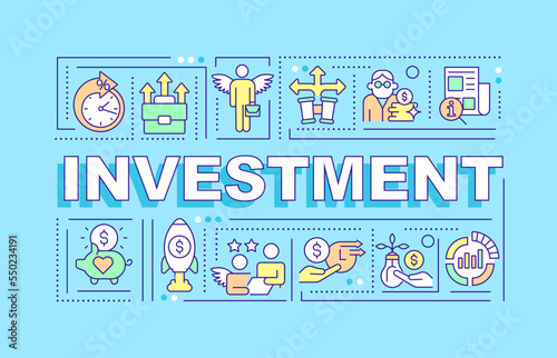 Investment word concepts blue banner. Funding small business. Startup. Infographics with editable icons on color background. Isolated typography. Vector illustration with text. Arial-Black font used
