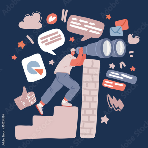 Cartoon vector illustration of Search for opportunities business man looking into a telescope on a ladder.
