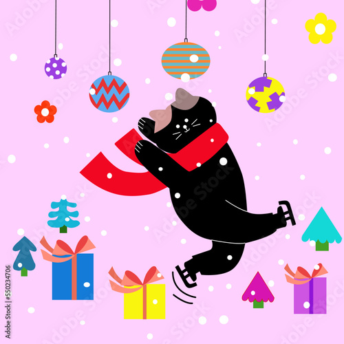 snow man, snow, christmas card with santa claus  gift  show cute cat