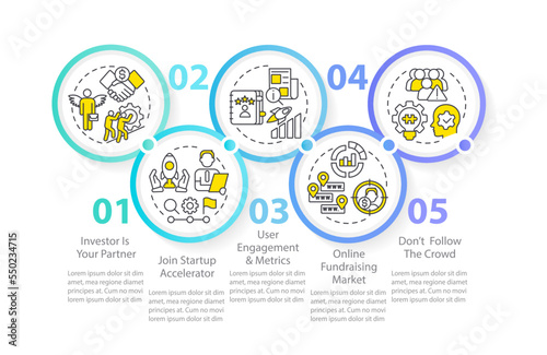 Ways to find investors circle infographic template. Involve financing. Data visualization with 5 steps. Editable timeline info chart. Workflow layout with line icons. Myriad Pro-Regular font used