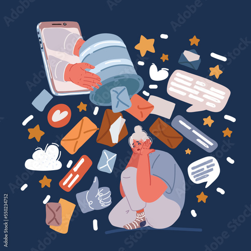 Cartoon vector illustration of Information detox. Digital addicted woman. Spam protection field. Girl in meditation. Barrier against unnecessary data