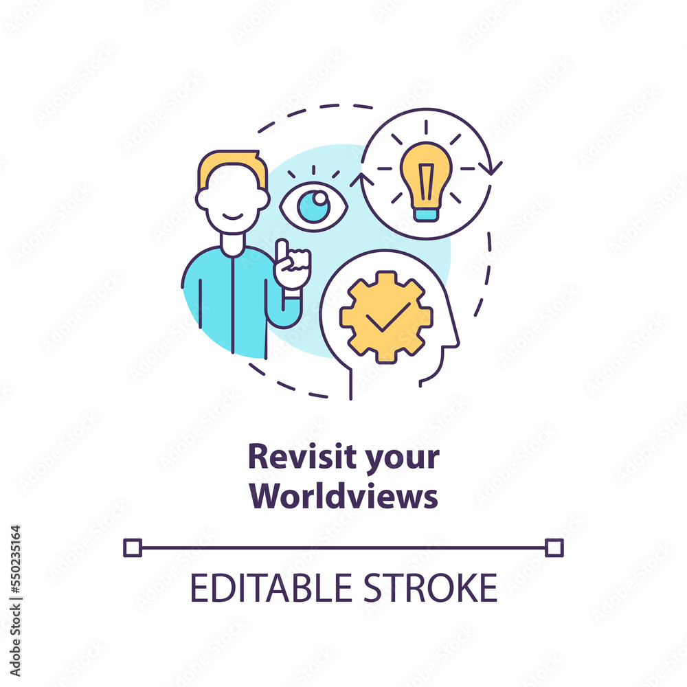 Revisit worldviews concept icon. Thought process. Minimizing confirmation bias tip abstract idea thin line illustration. Isolated outline drawing. Editable stroke. Arial, Myriad Pro-Bold fonts used Revisit worldviews concept icon. Thought process. Minimizing confirmation bias tip abstract idea thin line illustration. Isolated outline drawing. Editable stroke. Arial, Myriad Pro-Bold fonts used