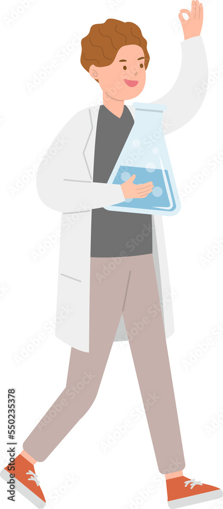 Paramedic or doctor or scientist man showing ok gesture with glass beaker, experiment and chemistry Paramedic or doctor or scientist man showing ok gesture with glass beaker, experiment and chemistry