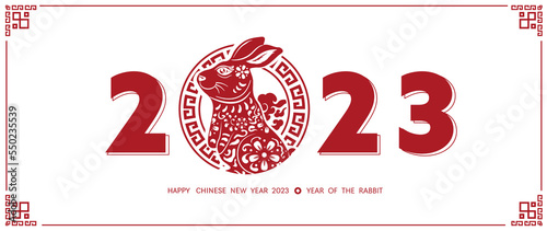 Chinese new year 2023 year of the rabbit. Lunar new year red rabbit zodiac with Chinese traditional frame, flower pattern and number on white background design concept. Vector illustration.
