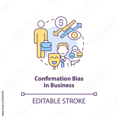 Confirmation bias in business concept icon. Example of cognitive prejudice abstract idea thin line illustration. Isolated outline drawing. Editable stroke. Arial, Myriad Pro-Bold fonts used
