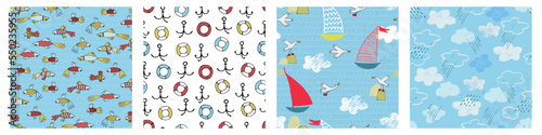 Seamless patterns set with hand drawn sailing boats, anchors, fishhooks, safety rings for surface design and other design projects. Sailing and fishing concept