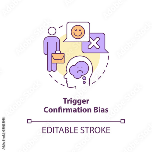 Trigger confirmation bias concept icon. Cognitive prejudice example in recruitment abstract idea thin line illustration. Isolated outline drawing. Editable stroke. Arial, Myriad Pro-Bold fonts used