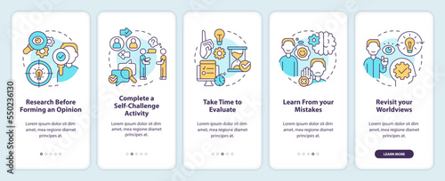 Overcoming confirmation bias tips onboarding mobile app screen. Walkthrough 5 steps editable graphic instructions with linear concepts. UI, UX, GUI template. Myriad Pro-Bold, Regular fonts used