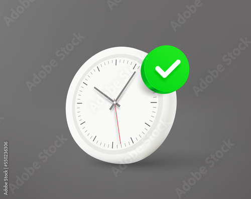 White clock with green checkmark. 3d vector icon