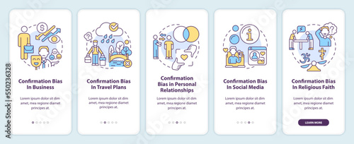 Examples of confirmation bias onboarding mobile app screen. Walkthrough 5 steps editable graphic instructions with linear concepts. UI, UX, GUI template. Myriad Pro-Bold, Regular fonts used