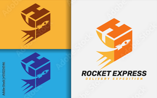 Rocket Express Logo Design. Delivery Expedition Package Box Combined with Rocket Shape Style Concept.