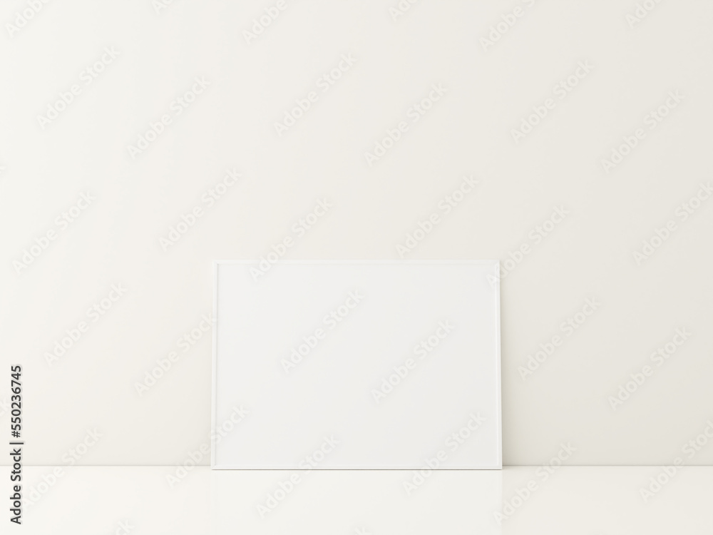 Frame with poster mockup standing on the white floor. minimalist frame mockup. 3d rendering Frame with poster mockup standing on the white floor. minimalist frame mockup. 3d rendering