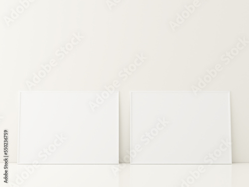 Wallpaper Mural Frame with poster mockup standing on the white floor. minimalist frame mockup. 3d rendering Torontodigital.ca