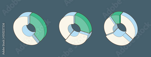 Donuts, Pie chart icons, isolated on the background. 3d, Isometric Diagram vector illustration. Pie chart infographic, plastic texture pie chart with different colors.