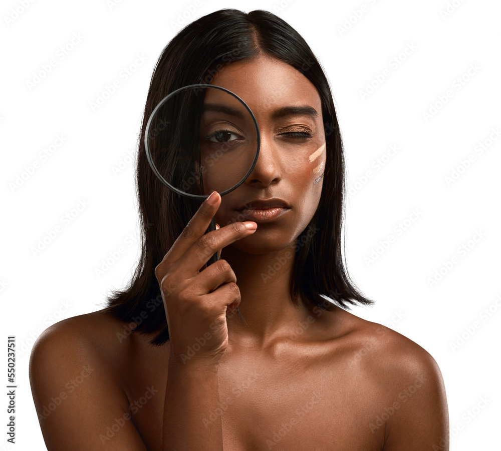 Portrait of a beautiful young woman holding a magnifying glass while posing against an isolated transparent png background. Portrait of a beautiful young woman holding a magnifying glass while posing against an isolated transparent png background.