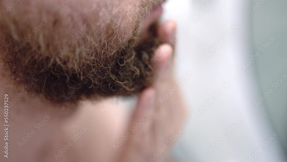 Man touching his thick beard with his hands in close up shot, male doing daily face skin care procedures in the bathroom in front of the mirror. Daily beard shaving as a problem of dry or irritated Man touching his thick beard with his hands in close up shot, male doing daily face skin care procedures in the bathroom in front of the mirror. Daily beard shaving as a problem of dry or irritated