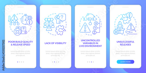 Release management pain points blue gradient onboarding mobile app screen. Walkthrough 4 steps graphic instructions with linear concepts. UI, UX, GUI template. Myriad Pro-Bold, Regular fonts used