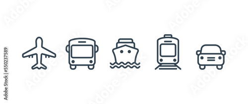 Transport icons. Walk man, Bike, Airplane, Public bus, Train, ShipFerry, and auto signs. Shipping symbol. Air mail delivery sign. Vector