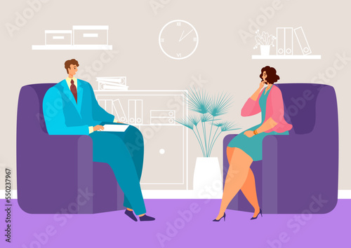 Woman character mental problem patient reception psychotherapy doctor man concept flat vector illustration, psychotherapeutic health.