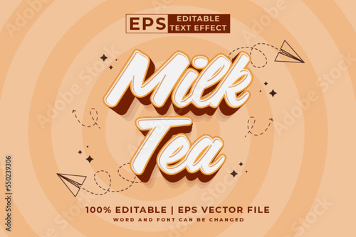 Editable text effect milk tea 3d Cartoon cute style premium vector