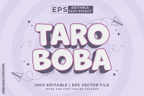 Editable text effect taro boba 3d Cartoon cute style premium vector