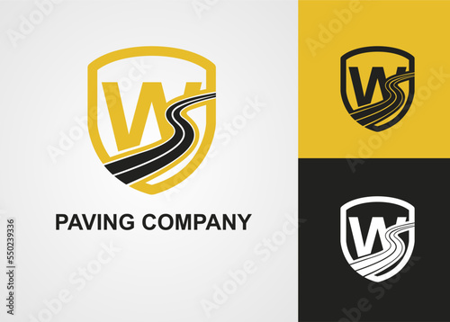 Initial W Letter with Street Asphalt, Paving and Shield for Construction Business Logo Template idea. Maintenance Roadwork