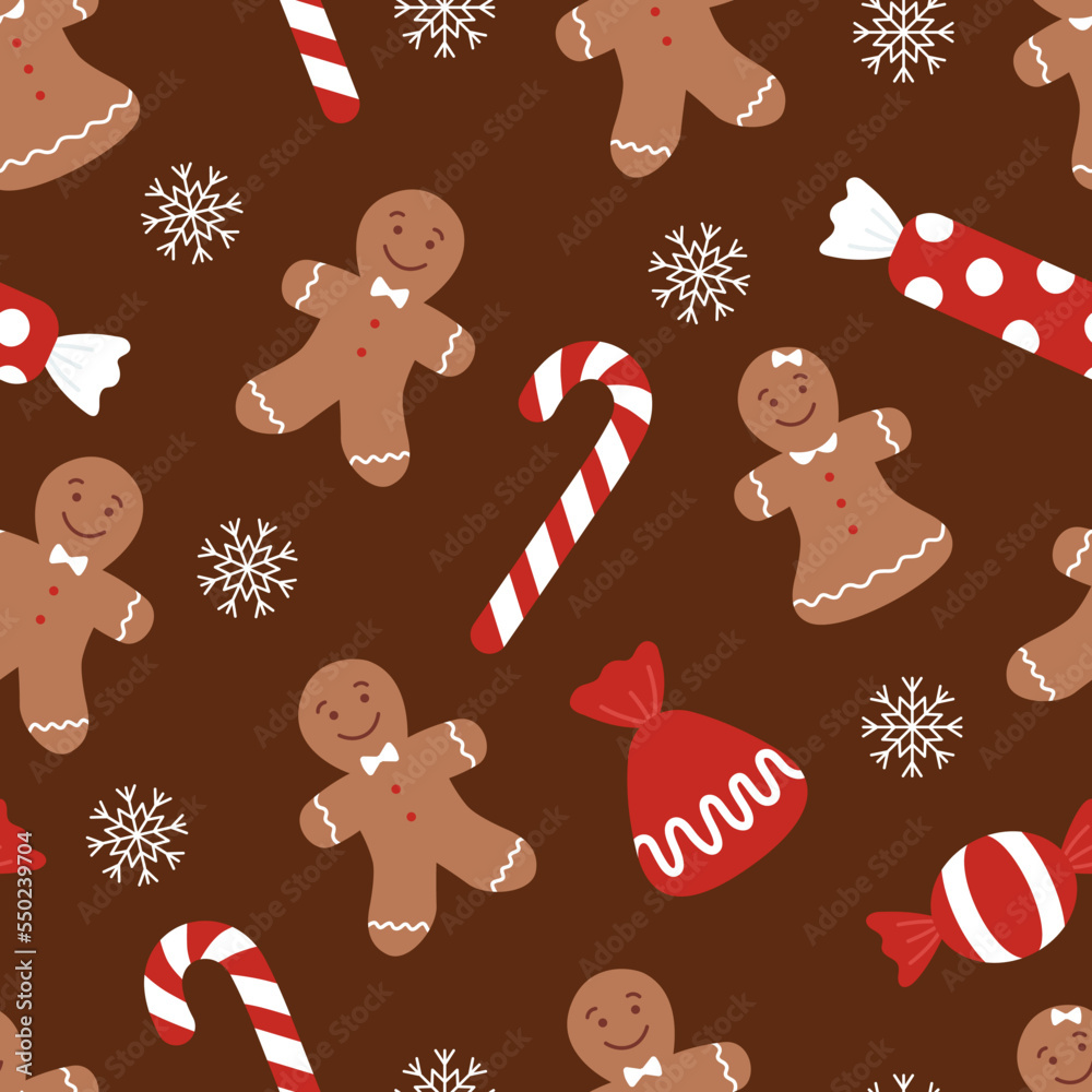 Naklejka premium Christmas seamless pattern with gingerbread men cookies, candy cane, chocolate candies and snowflakes on brown background. Vector flat illustration with holiday, New Year sweets