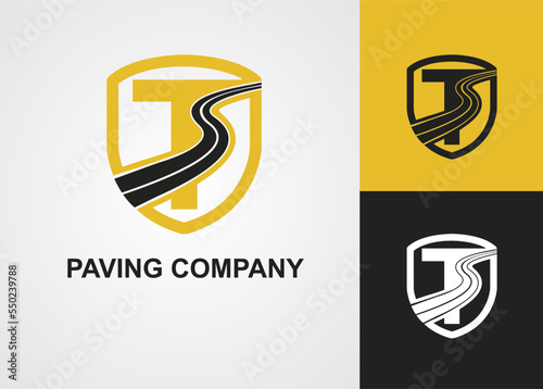 Initial T Letter with Street Asphalt, Paving and Shield for Construction Business Logo Template idea. Maintenance Roadwork