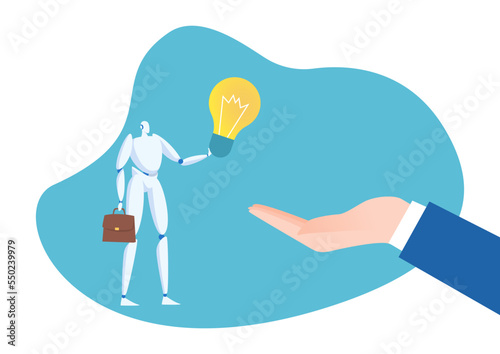 Humanoid tiny android business robot hold creative idea light bulb with briefcase, businessman hand flat vector illustration, isolated on white.