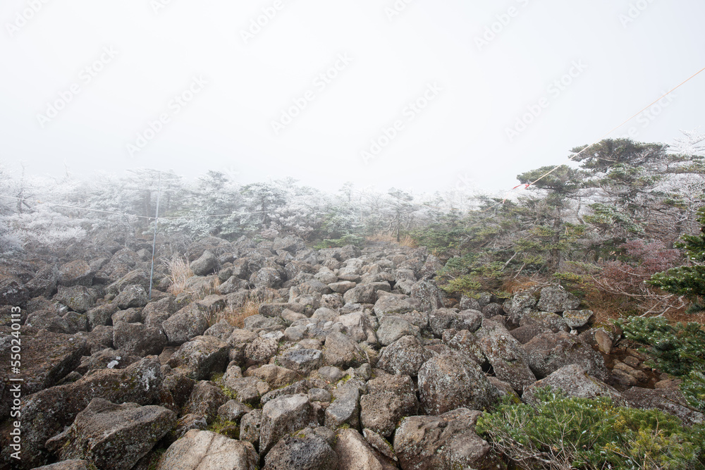 Frosty and foggy mountain climbing