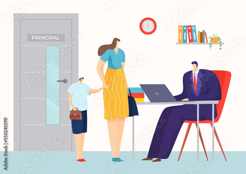 Mother character with young teenager male schoolboy meeting school principal worker, office director cabinet flat vector illustration.