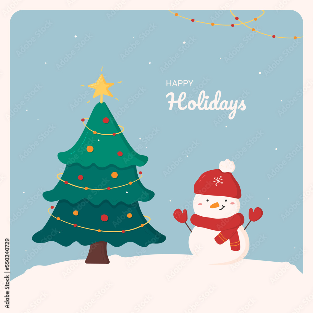 Happy holidays postcard. Vector winter card with cute snowman and christmas tree in cartoon style. Holiday design for social media, print and web site